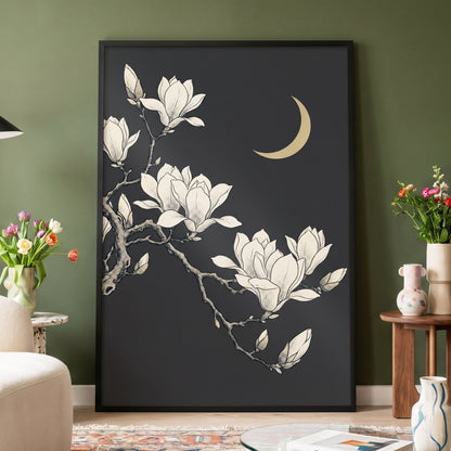 Magnolia Moonlight, gray, beige, black floral wall art displayed in a styled interior, gallery view 6