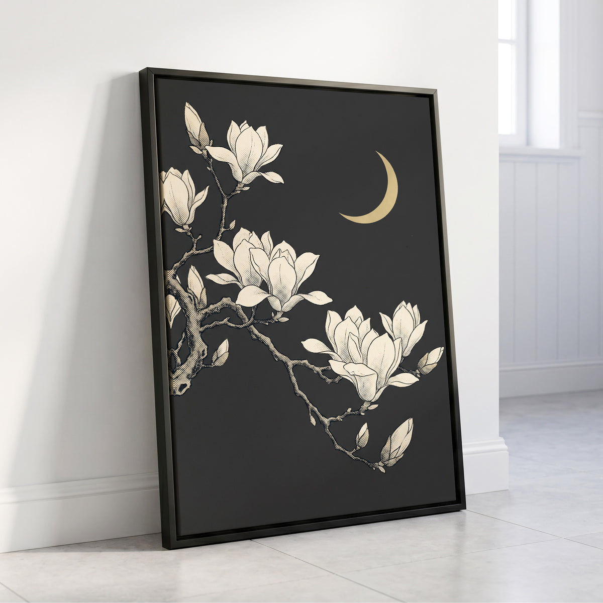 Magnolia Moonlight, gray, beige, black floral wall art displayed in a styled interior, gallery view 8