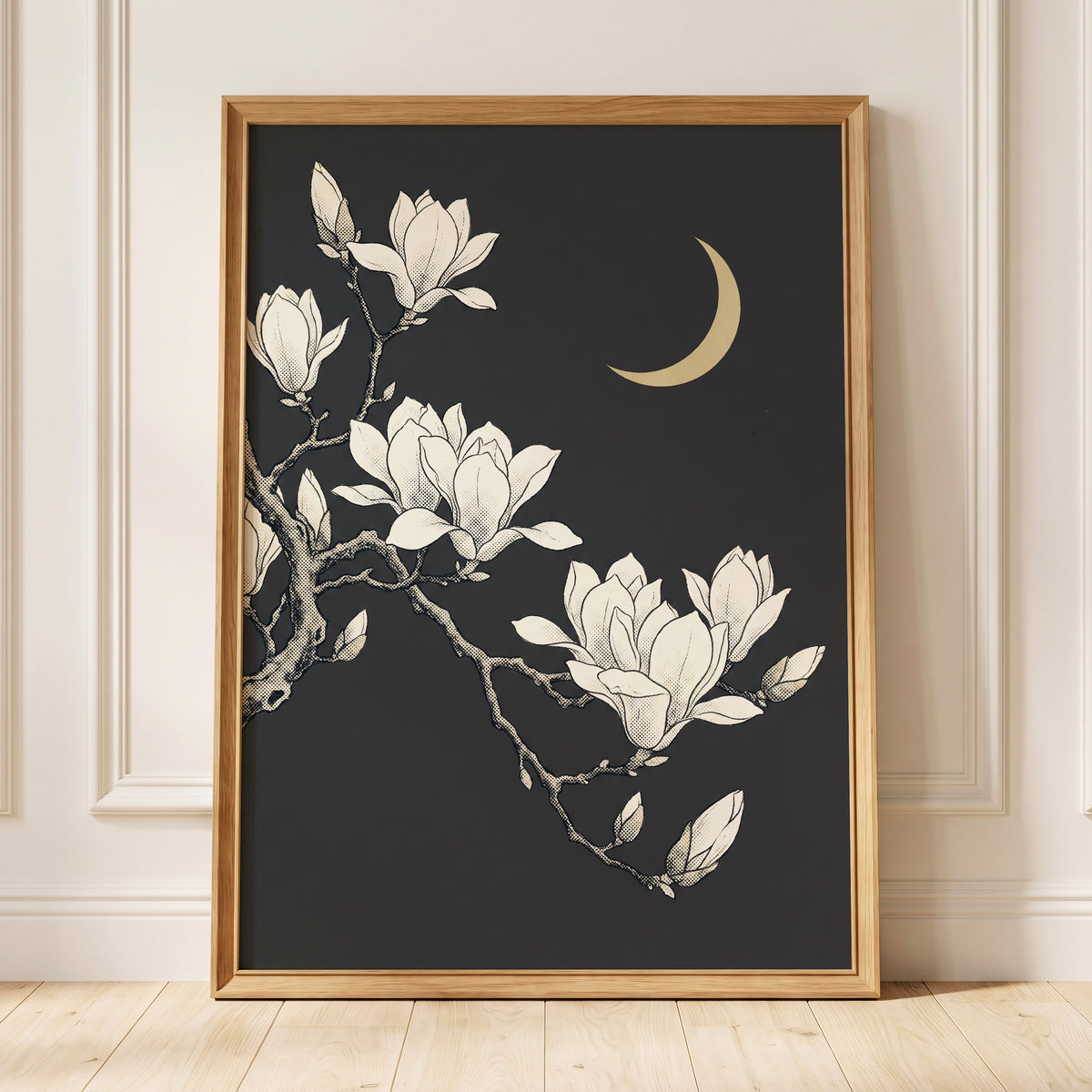 Magnolia Moonlight, gray, beige, black floral wall art displayed in a styled interior, gallery view 9