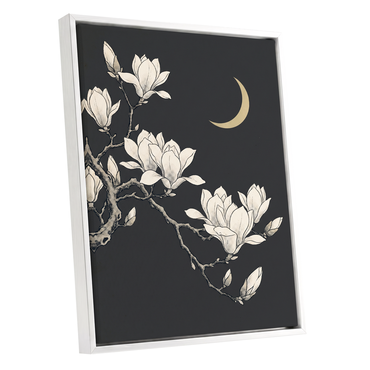 Magnolia Moonlight, gray, beige, black floral wall art shown as a white framed canvas wall art