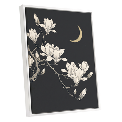 Magnolia Moonlight, gray, beige, black floral wall art shown as a white framed canvas wall art