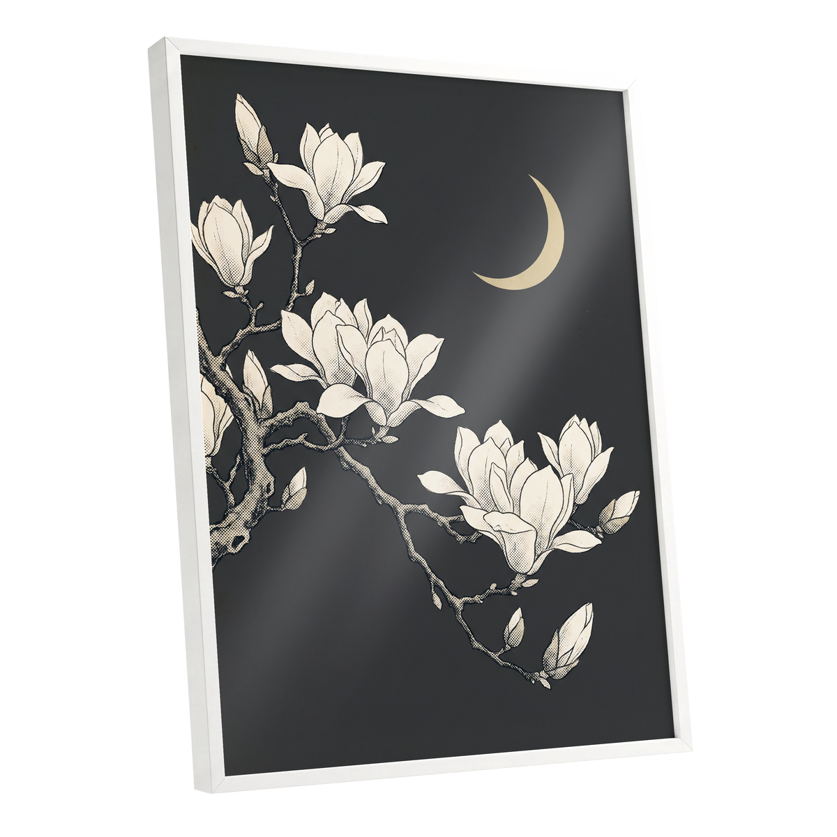 Magnolia Moonlight, gray, beige, black floral wall art shown as a white framed poster wall art print