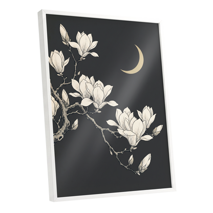 Magnolia Moonlight, gray, beige, black floral wall art shown as a white framed poster wall art print