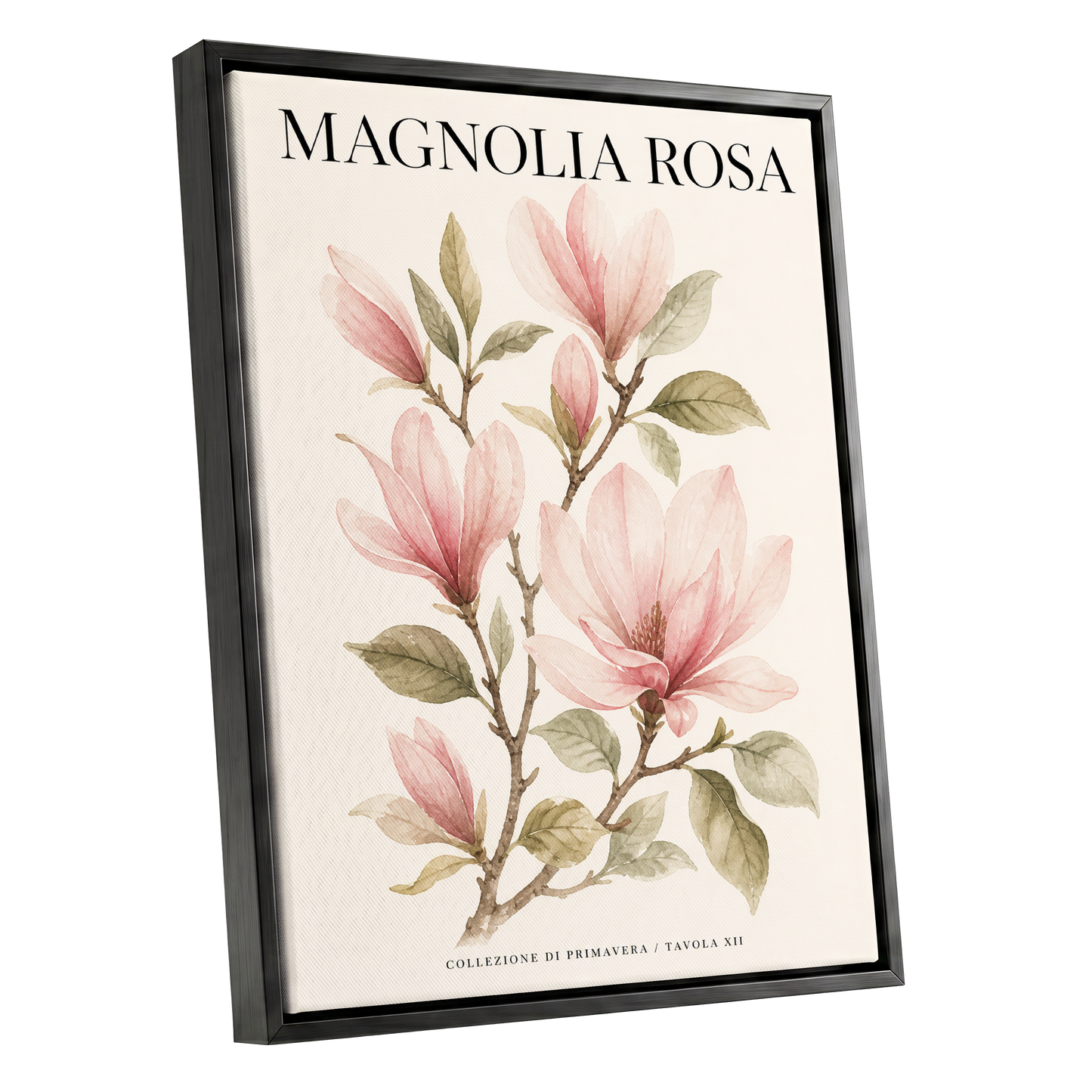 Magnolia Rosa Reverie, pink, green, beige floral wall art shown as a black framed canvas wall art