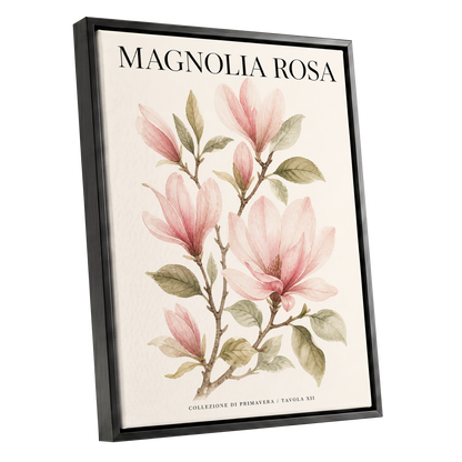Magnolia Rosa Reverie, pink, green, beige floral wall art shown as a black framed canvas wall art