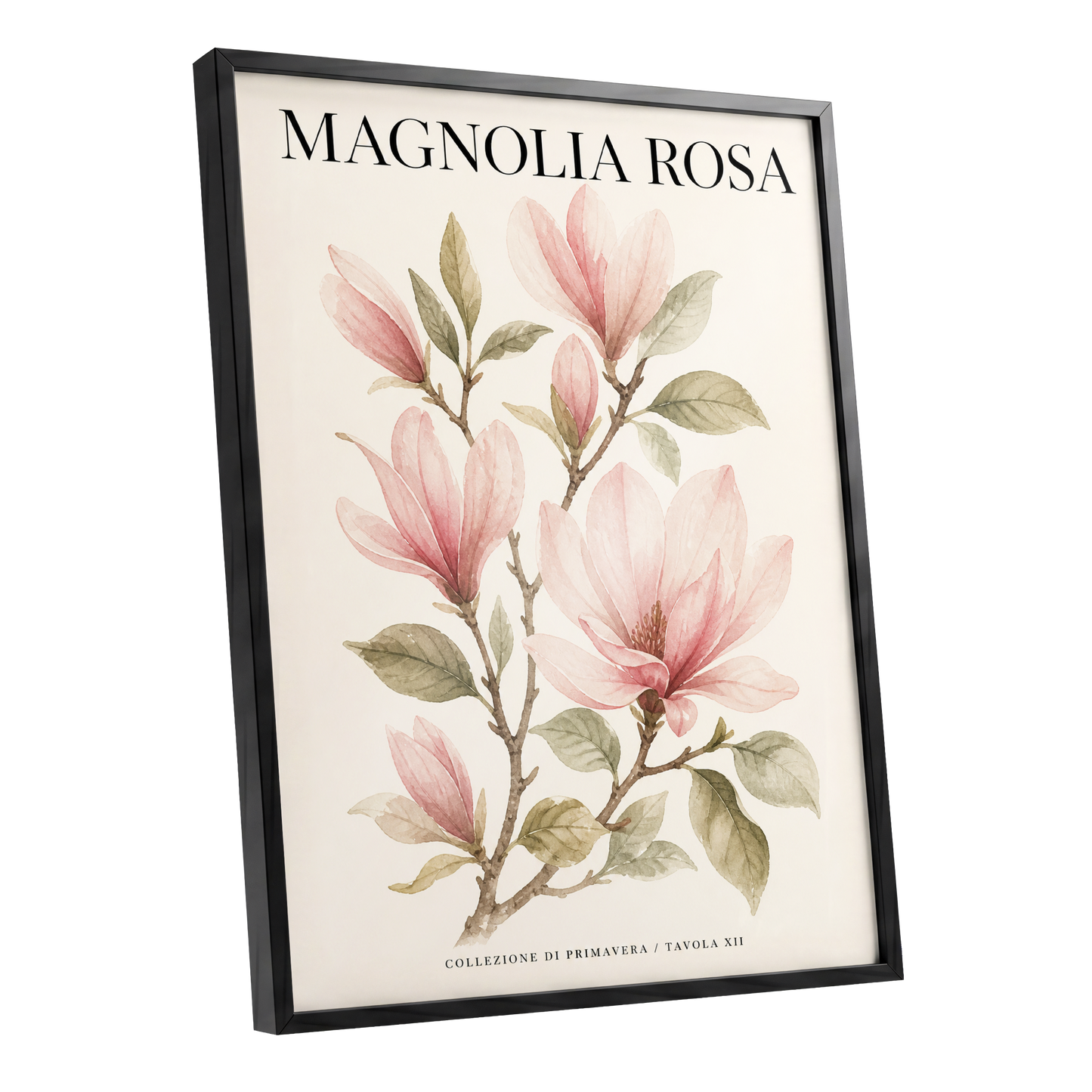 Magnolia Rosa Reverie, pink, green, beige floral wall art shown as a black framed poster wall art print