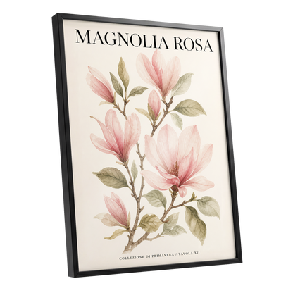 Magnolia Rosa Reverie, pink, green, beige floral wall art shown as a black framed poster wall art print