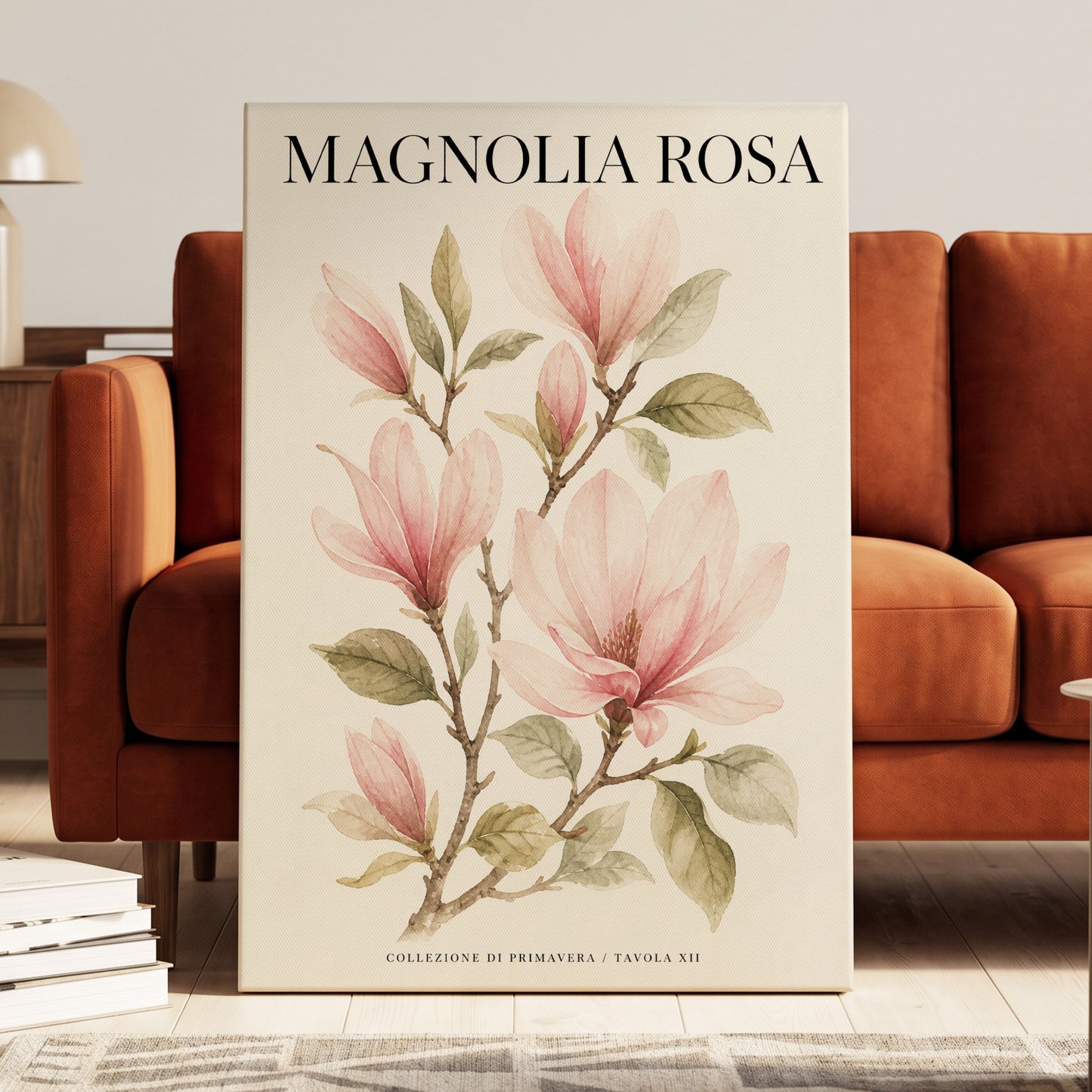 Magnolia Rosa Reverie, pink, green, beige floral wall art on canvas displayed in a styled interior, gallery view 1