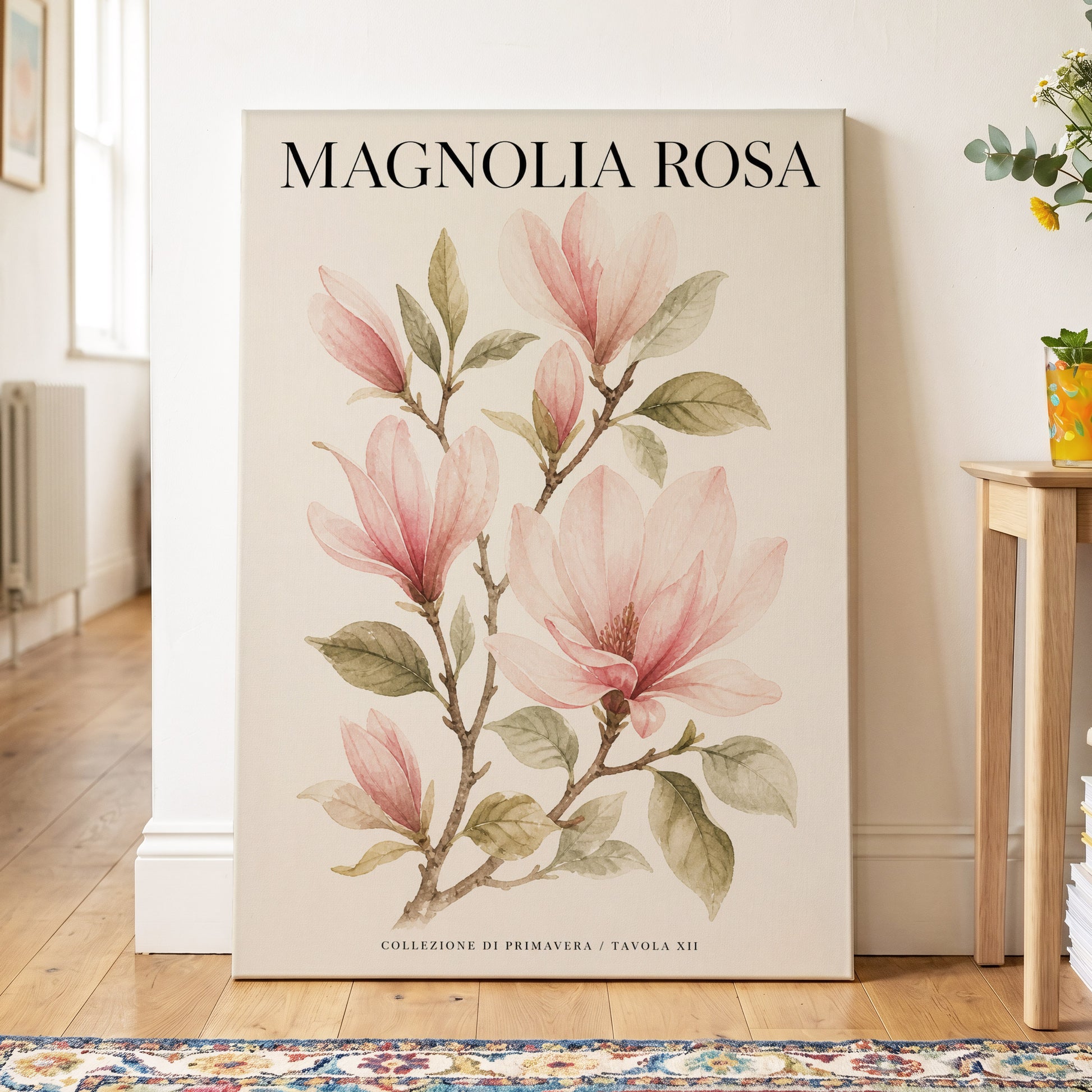 Magnolia Rosa Reverie, pink, green, beige floral wall art on canvas displayed in a styled interior, gallery view 2