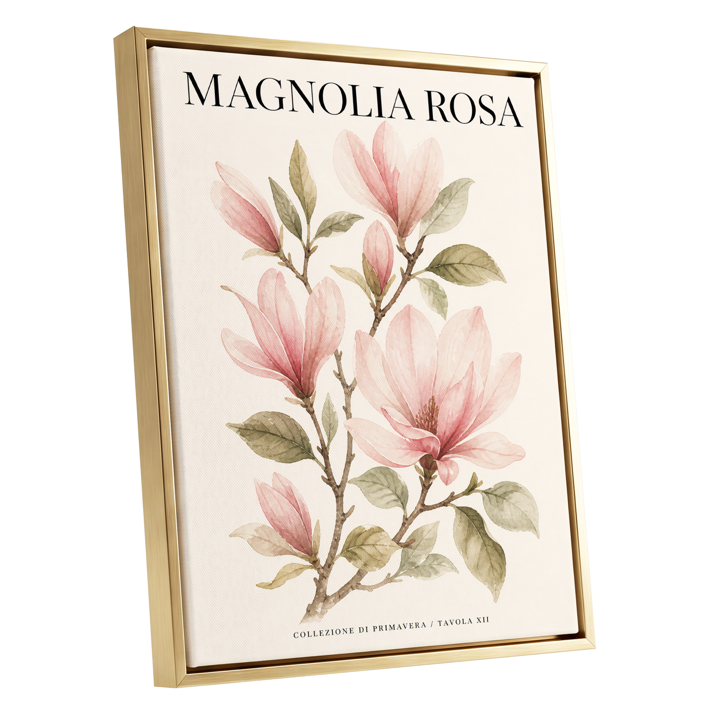 Magnolia Rosa Reverie, pink, green, beige floral wall art shown as a gold framed canvas wall art
