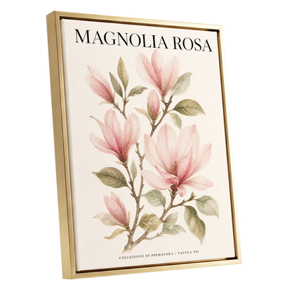 Magnolia Rosa Reverie, pink, green, beige floral wall art shown as a gold framed canvas wall art