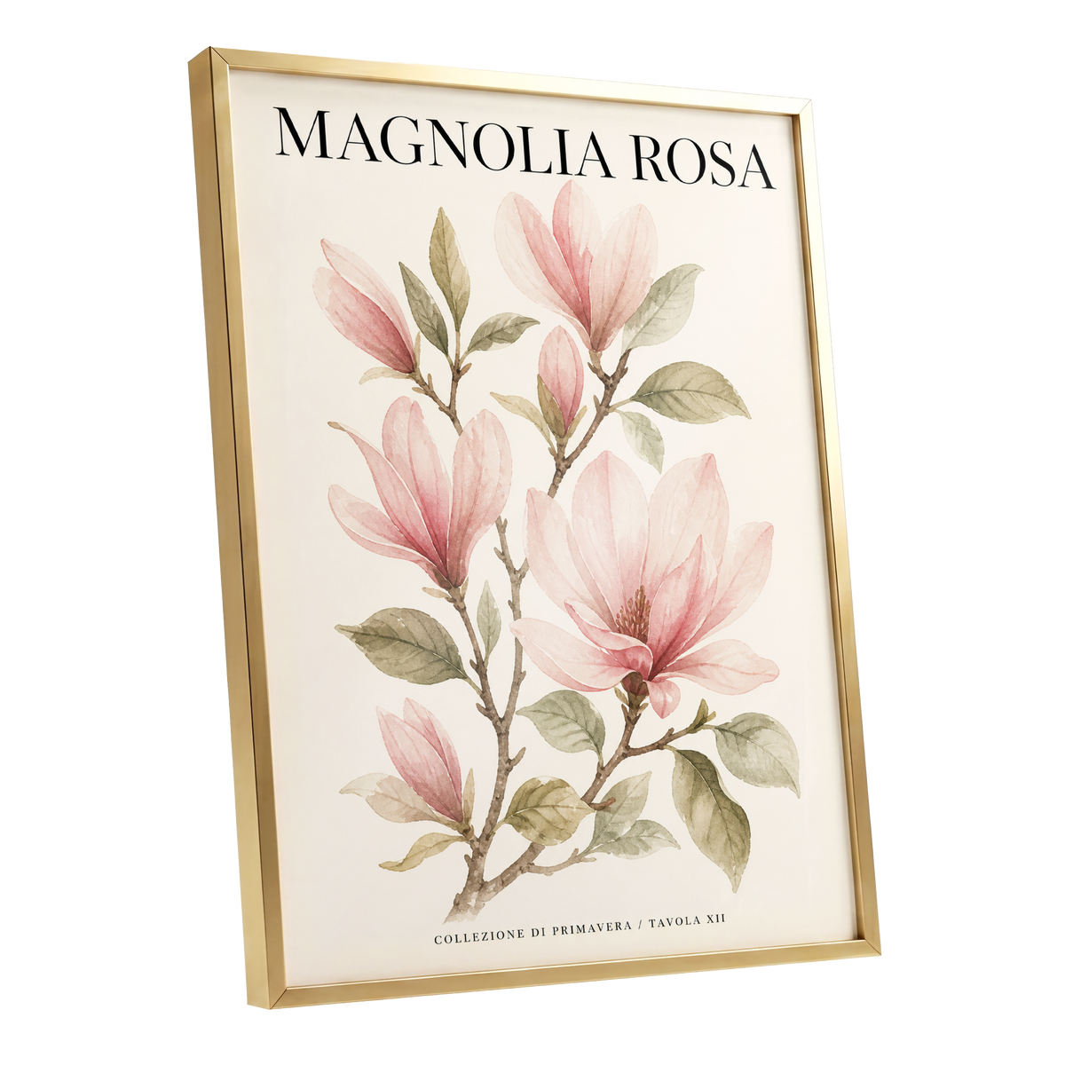 Magnolia Rosa Reverie, pink, green, beige floral wall art shown as a gold framed poster wall art print