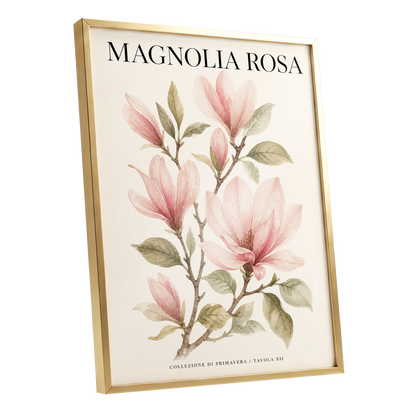 Magnolia Rosa Reverie, pink, green, beige floral wall art shown as a gold framed poster wall art print