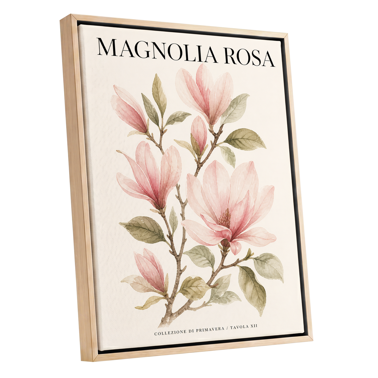 Magnolia Rosa Reverie, pink, green, beige floral wall art shown as a oak framed canvas wall art