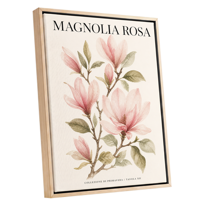 Magnolia Rosa Reverie, pink, green, beige floral wall art shown as a oak framed canvas wall art