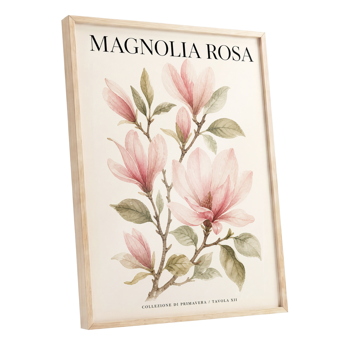 Magnolia Rosa Reverie, pink, green, beige floral wall art shown as a oak framed poster wall art print