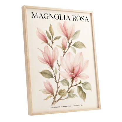 Magnolia Rosa Reverie, pink, green, beige floral wall art shown as a oak framed poster wall art print