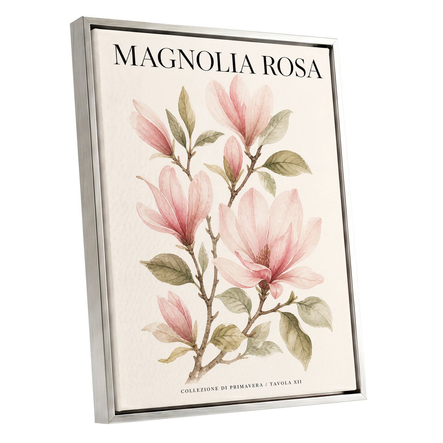 Magnolia Rosa Reverie, pink, green, beige floral wall art shown as a silver framed canvas wall art