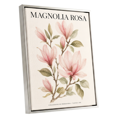 Magnolia Rosa Reverie, pink, green, beige floral wall art shown as a silver framed canvas wall art