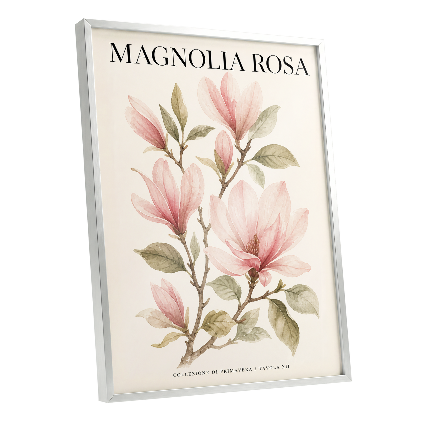 Magnolia Rosa Reverie, pink, green, beige floral wall art shown as a silver framed poster wall art print