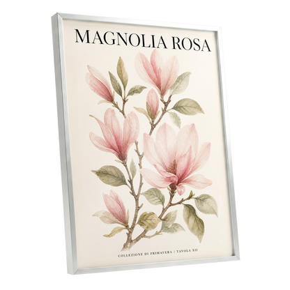 Magnolia Rosa Reverie, pink, green, beige floral wall art shown as a silver framed poster wall art print
