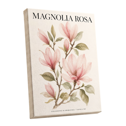 Magnolia Rosa Reverie, pink, green, beige floral wall art shown as a stretched canvas wall art