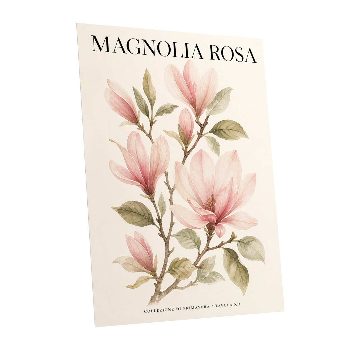Magnolia Rosa Reverie, pink, green, beige floral wall art shown as a unframed poster wall art print
