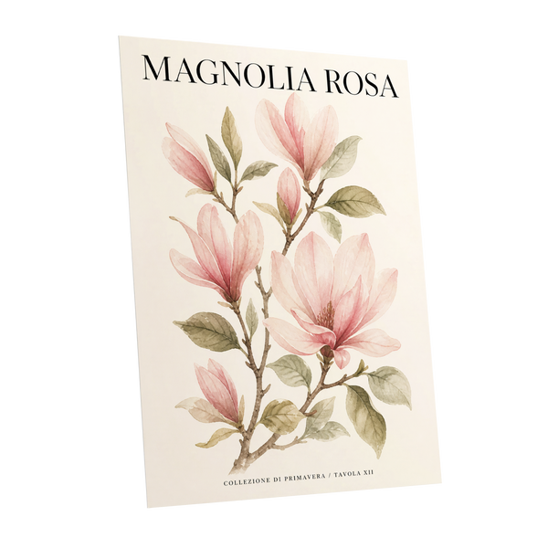 Magnolia Rosa Reverie, pink, green, beige floral wall art shown as a unframed poster wall art print