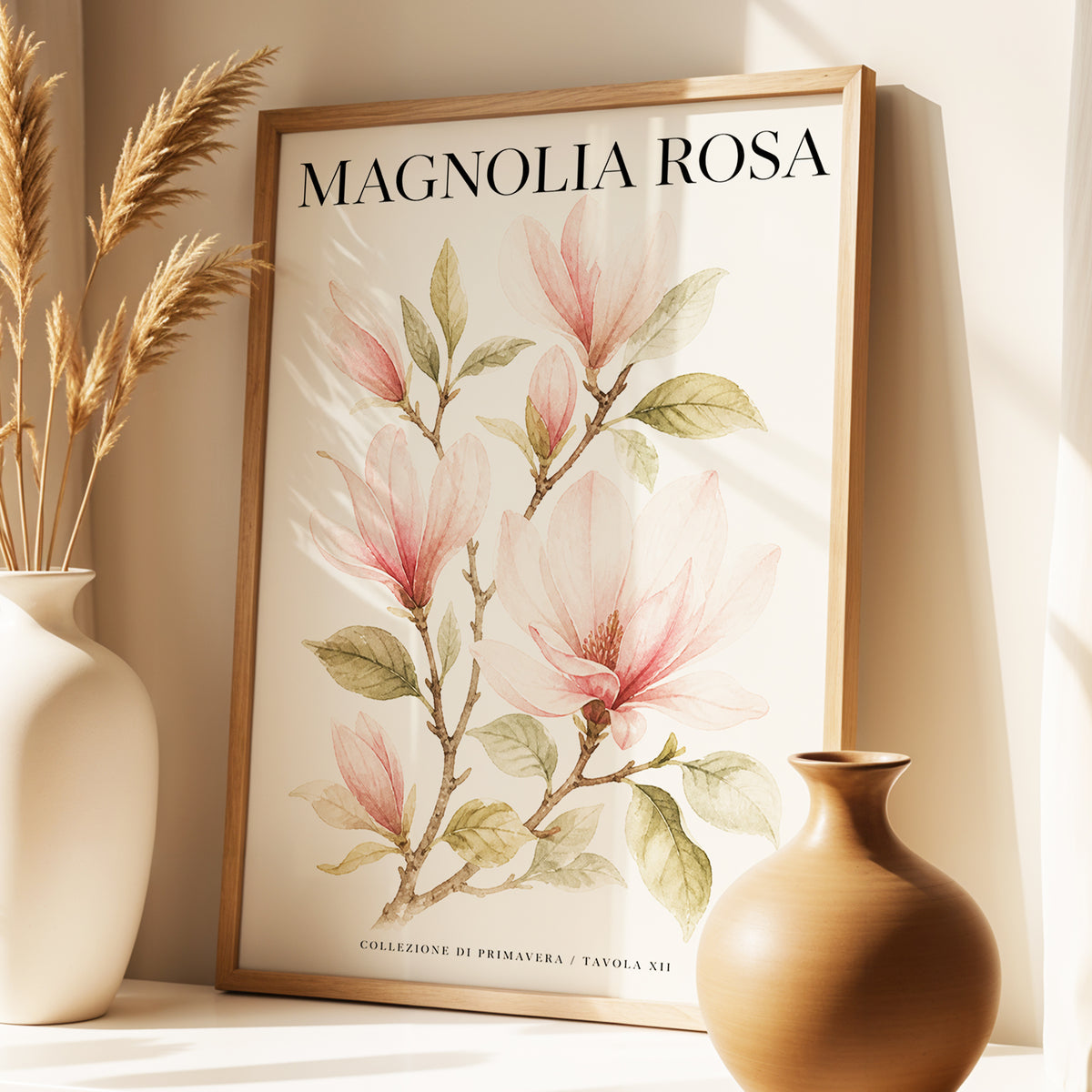 Magnolia Rosa Reverie, pink, green, beige floral wall art displayed in a styled interior, gallery view 1