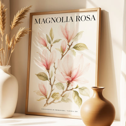 Magnolia Rosa Reverie, pink, green, beige floral wall art displayed in a styled interior, gallery view 1