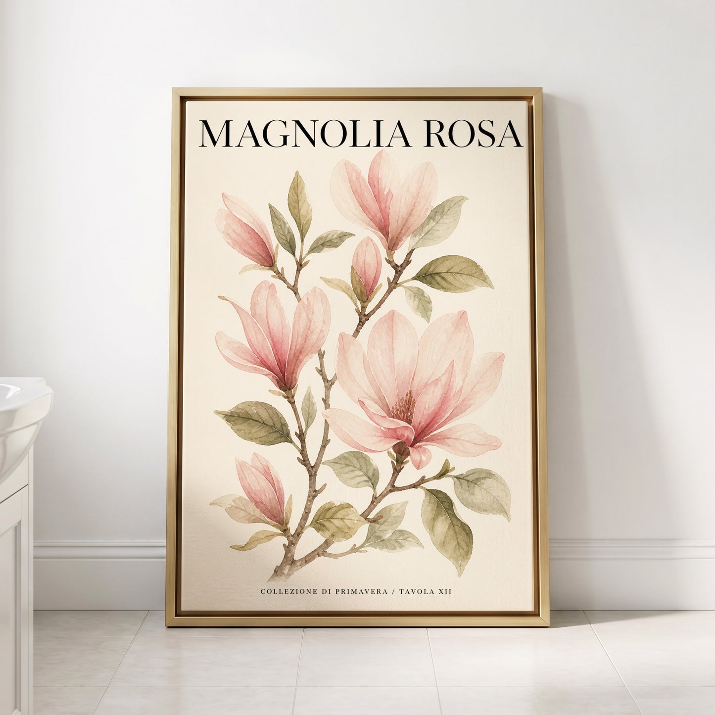 Magnolia Rosa Reverie, pink, green, beige floral wall art displayed in a styled interior, gallery view 2