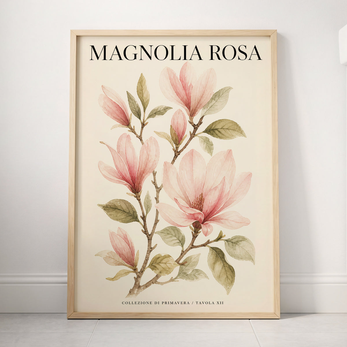 Magnolia Rosa Reverie, pink, green, beige floral wall art displayed in a styled interior, gallery view 3