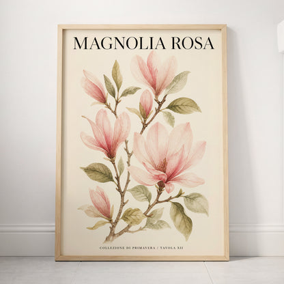 Magnolia Rosa Reverie, pink, green, beige floral wall art displayed in a styled interior, gallery view 3