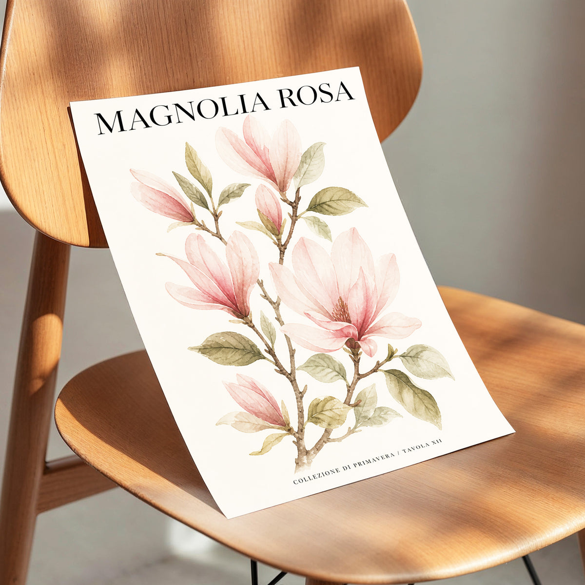 Magnolia Rosa Reverie, pink, green, beige floral wall art displayed in a styled interior, gallery view 4
