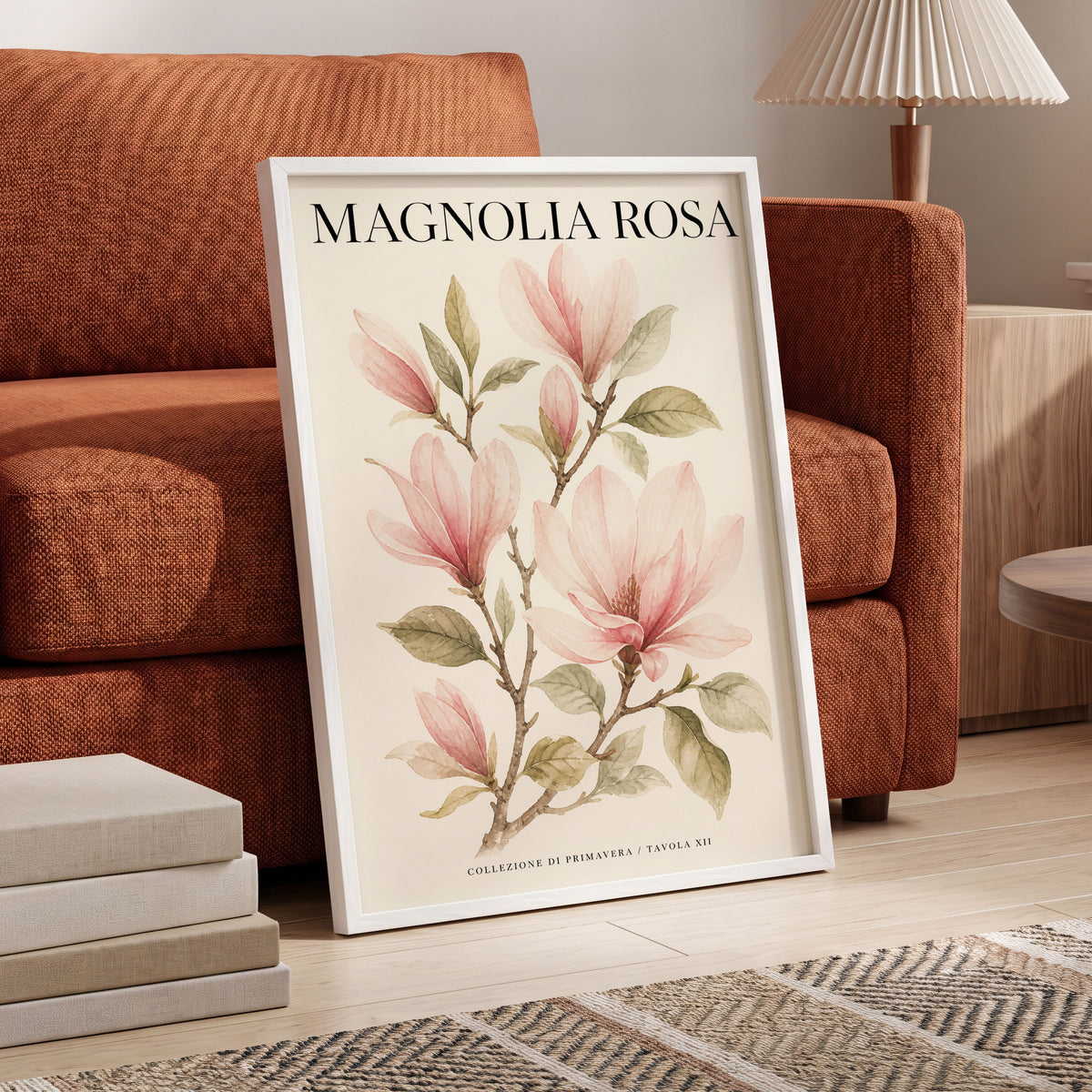 Magnolia Rosa Reverie, pink, green, beige floral wall art displayed in a styled interior, gallery view 5