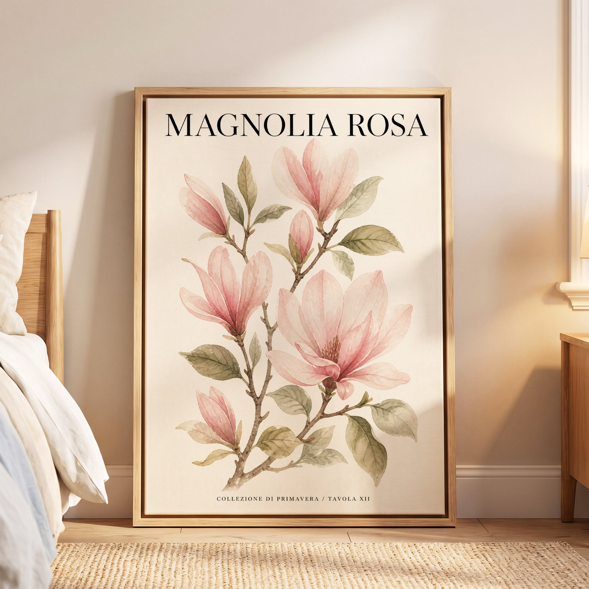 Magnolia Rosa Reverie, pink, green, beige floral wall art displayed in a styled interior, gallery view 6