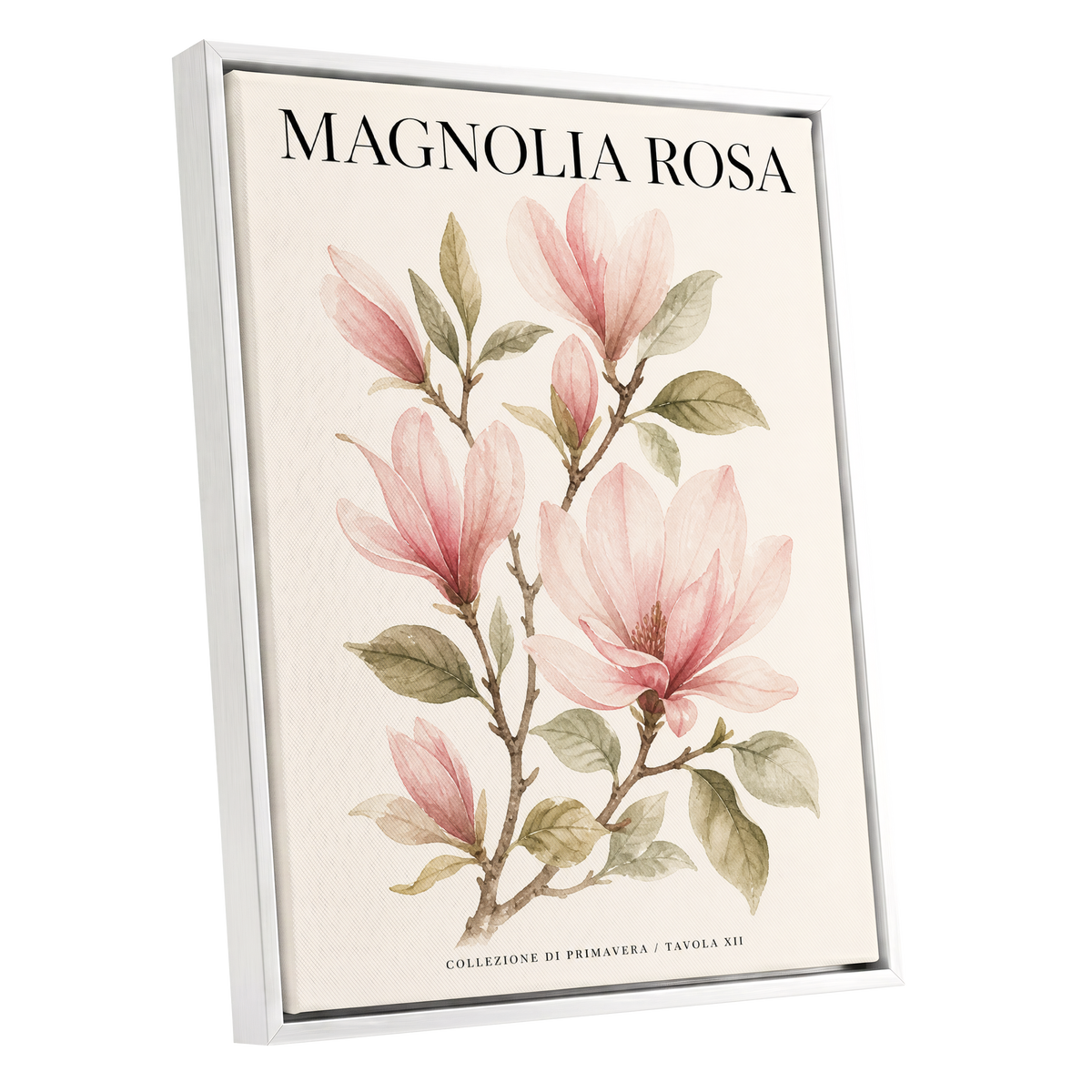 Magnolia Rosa Reverie, pink, green, beige floral wall art shown as a white framed canvas wall art