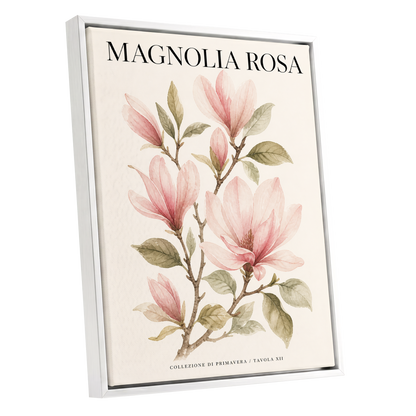 Magnolia Rosa Reverie, pink, green, beige floral wall art shown as a white framed canvas wall art