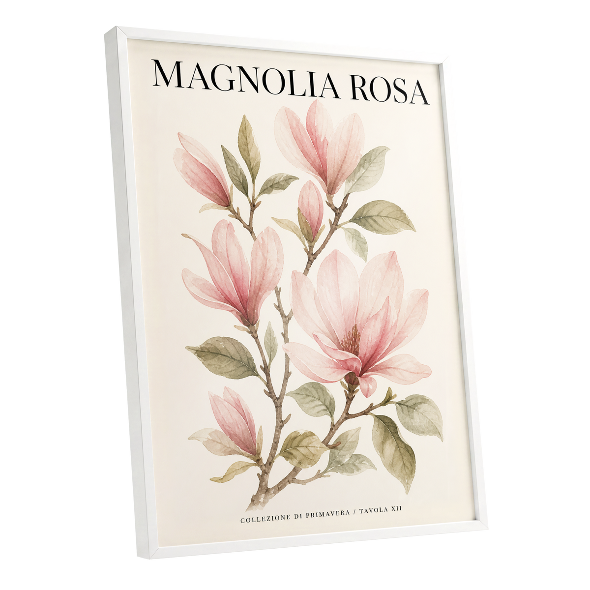 Magnolia Rosa Reverie, pink, green, beige floral wall art shown as a white framed poster wall art print