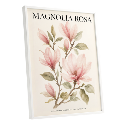 Magnolia Rosa Reverie, pink, green, beige floral wall art shown as a white framed poster wall art print