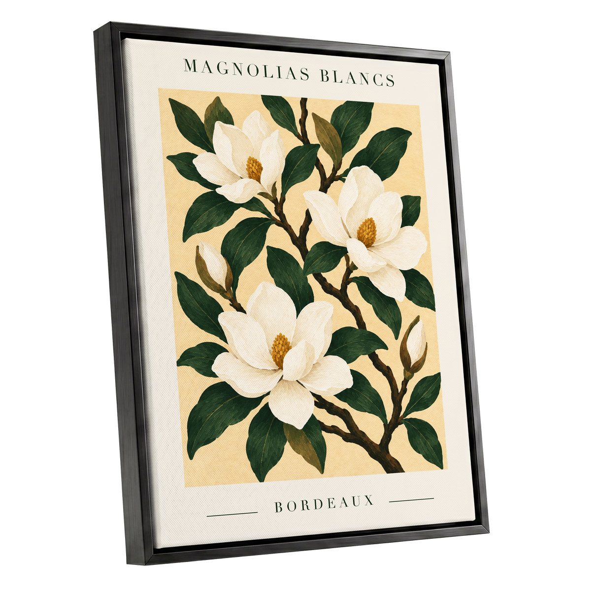Magnolias of Bordeaux, green, white, beige floral wall art shown as a black framed canvas wall art