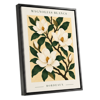 Magnolias of Bordeaux, green, white, beige floral wall art shown as a black framed canvas wall art