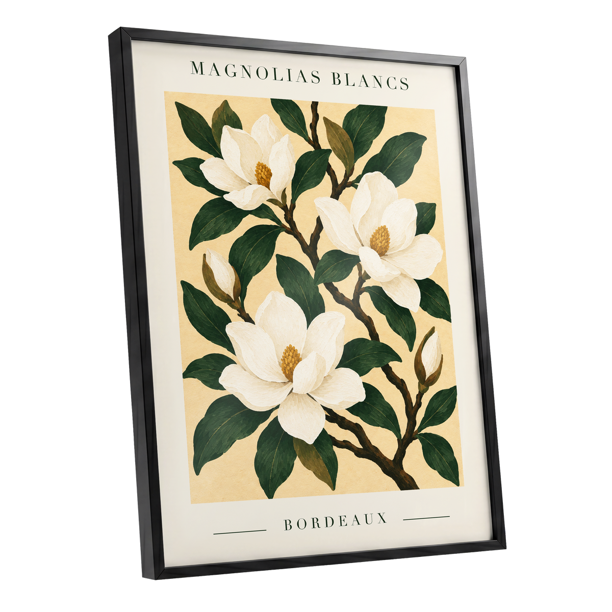 Magnolias of Bordeaux, green, white, beige floral wall art shown as a black framed poster wall art print