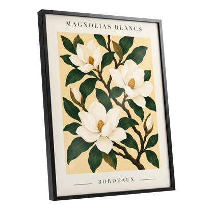 Magnolias of Bordeaux, green, white, beige floral wall art shown as a black framed poster wall art print