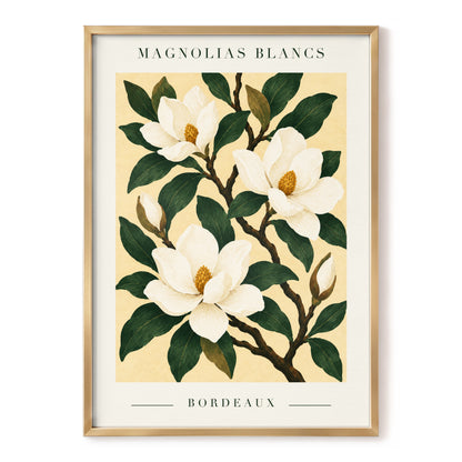 Magnolias of Bordeaux, green, white, beige floral wall art, front artwork view