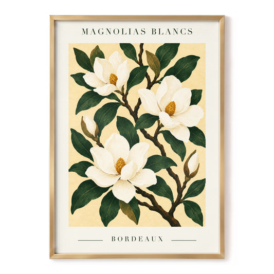 Magnolias of Bordeaux, green, white, beige floral wall art, front artwork view