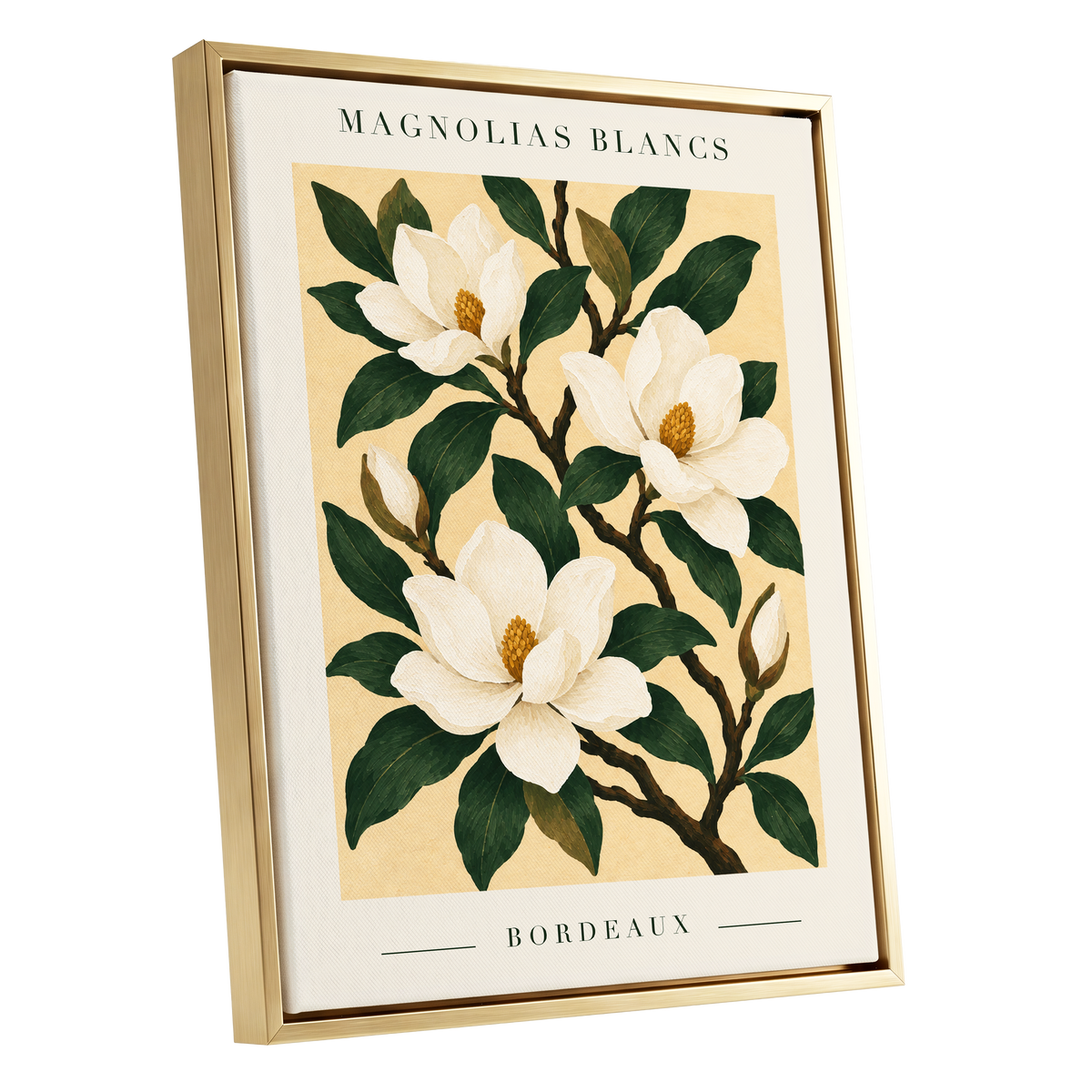 Magnolias of Bordeaux, green, white, beige floral wall art shown as a gold framed canvas wall art