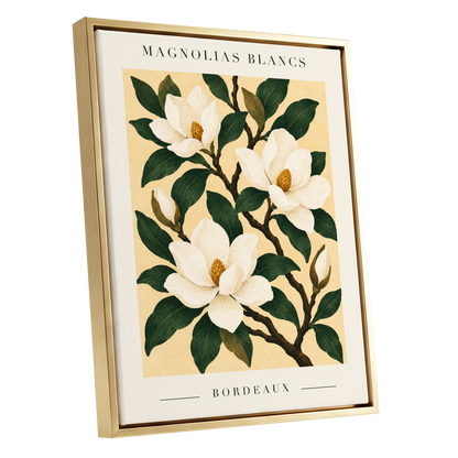 Magnolias of Bordeaux, green, white, beige floral wall art shown as a gold framed canvas wall art