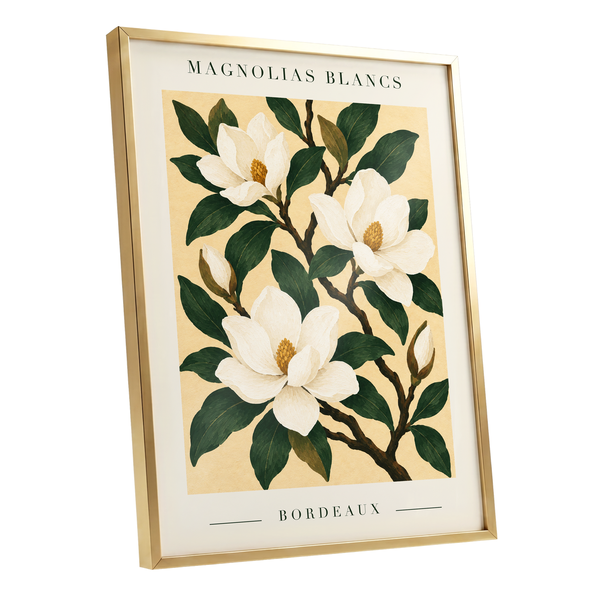 Magnolias of Bordeaux, green, white, beige floral wall art shown as a gold framed poster wall art print
