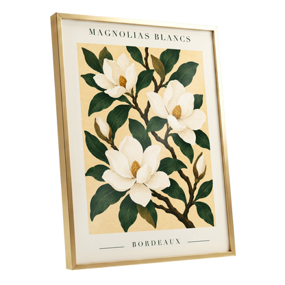 Magnolias of Bordeaux, green, white, beige floral wall art shown as a gold framed poster wall art print